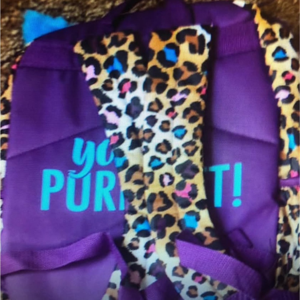 NWT Leopard Print cat Kids Backpack with Blue faux fur Accents. Full size bag - Picture 3 of 5